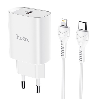 Сетевое зарядное устройство Hoco N14 + кабель Lightning Type-C, белый*
