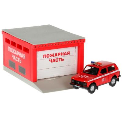 Технопарк Гараж Пожарная часть + машинка LADA 4x4, красный, GARAGESMA-20PLFRI-LAD