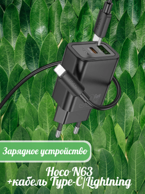 Зарядное устройство Hoco N63+кабель Type-C/Lightning, черный
