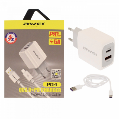 Зарядное устройство СЗУ USB Awei PD4 + кабель Type-C 20W 5A