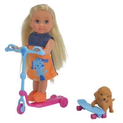 Кукла Simba Еви на голубом скутере и скейт и собачка