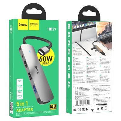Кабель хаб Hoco HB27 Type-C , разветвитель, подсветка, серый *