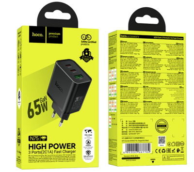Блок зарядный Hoco N75 65W+QC3.0 2Type-C+USB черный