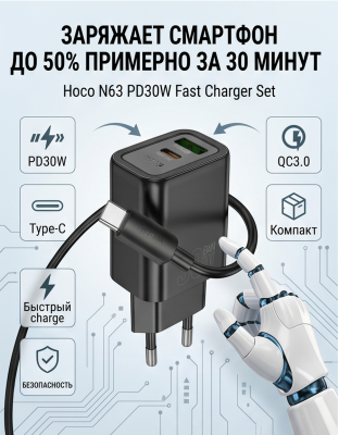 Зарядное устройство + кабель Type-C на Type-C Hoco N63 PD30W черный