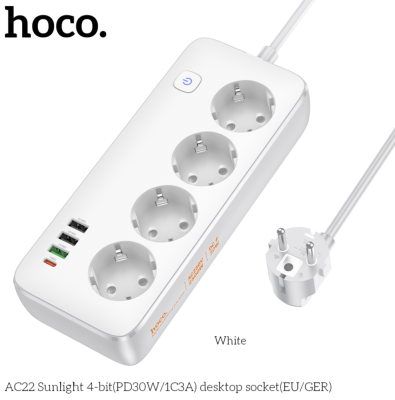 Сетевой фильтр Hoco AC22 1.5м 4 розетки 3 USB Type-C PD30W белый Сетевой фильтр Hoco AC22 1.5м 4 розетки 3 USB Type-C PD30W белый