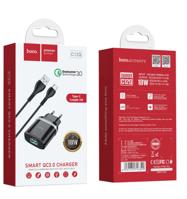 Зарядное с кабелем Type-C USB Hoco C12Q 3.0 черный