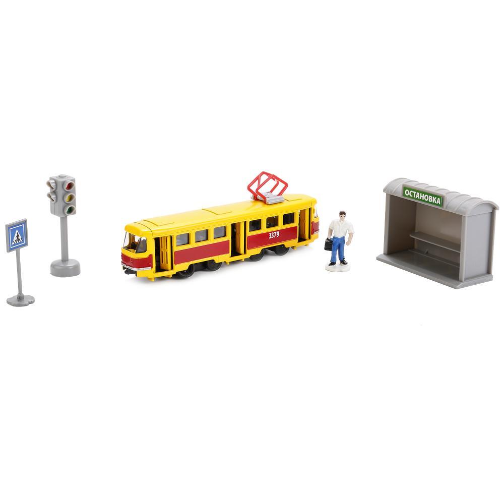 Игровой набор Трамвай с остановкой и аксессуарами, 16,5 см Технопарк