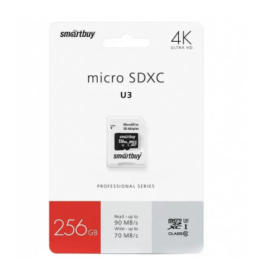 Карта памяти Smartbuy 256GB Class 10 PRO U3 micro SDHC с адаптером, SB256GBSDCL10U3-01