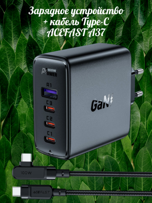 Профессиональное зарядное устройство ACEFAST A37 100W + кабель Type-C черный Профессиональное зарядное устройство ACEFAST A37 100W + кабель Type-C черный