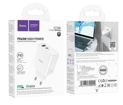 СЗУ Блок Hoco C113A PD65W Type-C+USB   белый