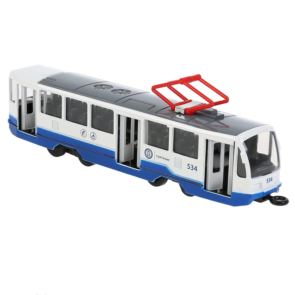 Трамвай инерционный Технопарк 18,5 см, свет-звук, белый, двери открываются металлический