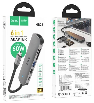 Type-C хаб 6в1 hoco HB28 (USB-C USB2.0 USB3.0 Card Reader SD Card Reader microSD + HDMI) / хаб для MacBook *