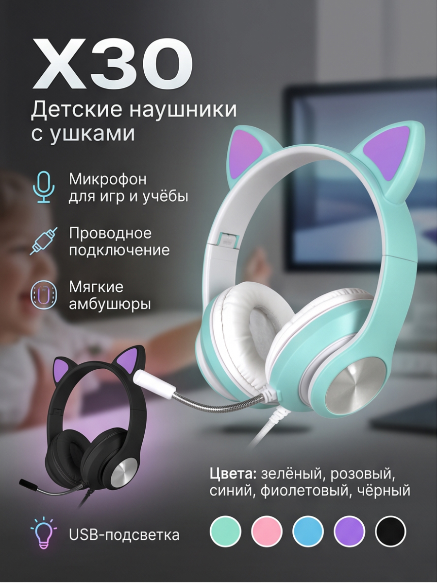 Детские наушники X30 с ушками и микрофоном черные
