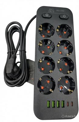 Сетевой фильтр HG-2580, 8 розеток+4 USB, 3 м