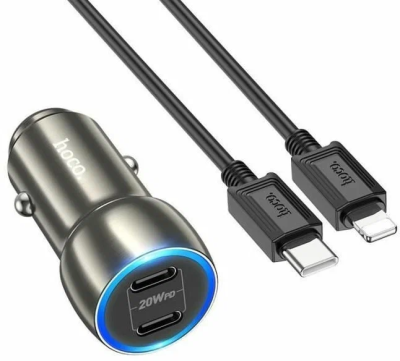 Автомобильное зарядное устройство Hoco Z48 USB-C на Lightning, серый