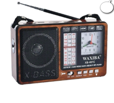 Радиоприемник Waxiba XB-401C + часы + фонарь, дерево