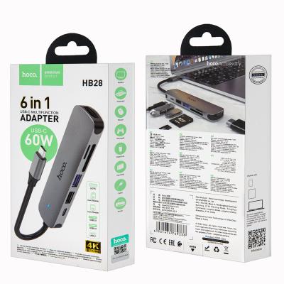 Переходник для ноутбука HB28 6 в 1 Type-C на USB 3.0 + USB 2.0 + HDMI + SD + TF + USB-C 60W серый
