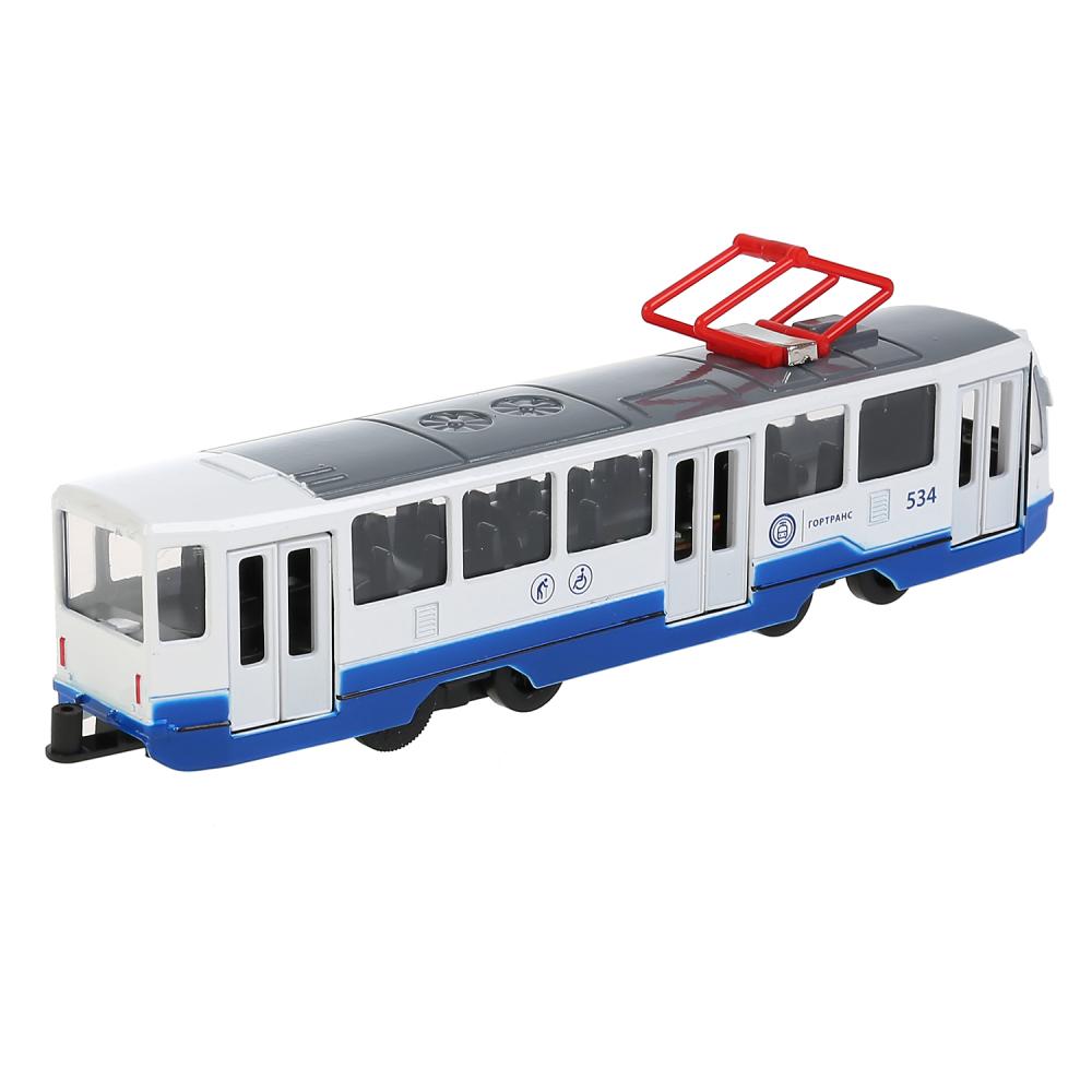 Трамвай инерционный Технопарк 18,5 см, свет-звук, белый, двери открываются металлический