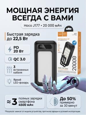 Внешний аккумулятор с фонарем и проводами 20000 J177 22,5 Вт