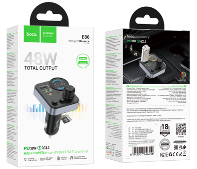 Трансмиттер АЗУ Hoco E86 PD30W + 2 USB car BT FM чёрный