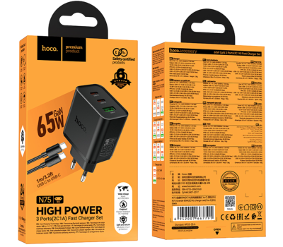 Блок с кабелем Type-C Hoco N75 PD65W черный