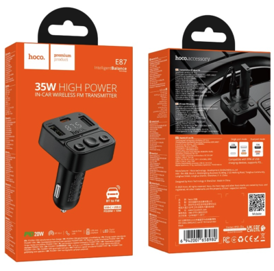Трансмиттер АЗУ Hoco E87 PD20W + 2 USB car BT FM чёрный