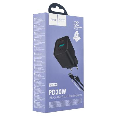 Зарядное с кабелем Type-C N65 PD20W + USB QC3.0 HOCO черное Зарядное с кабелем Type-C N65 PD20W + USB QC3.0 HOCO черное