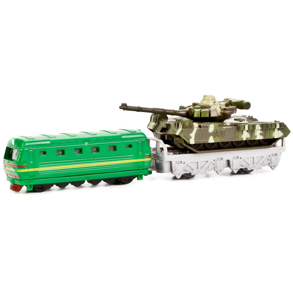 Игровой набор Технопарк Военный поезд: Локомотив и танк Т-90 на платформе, 7,5 см