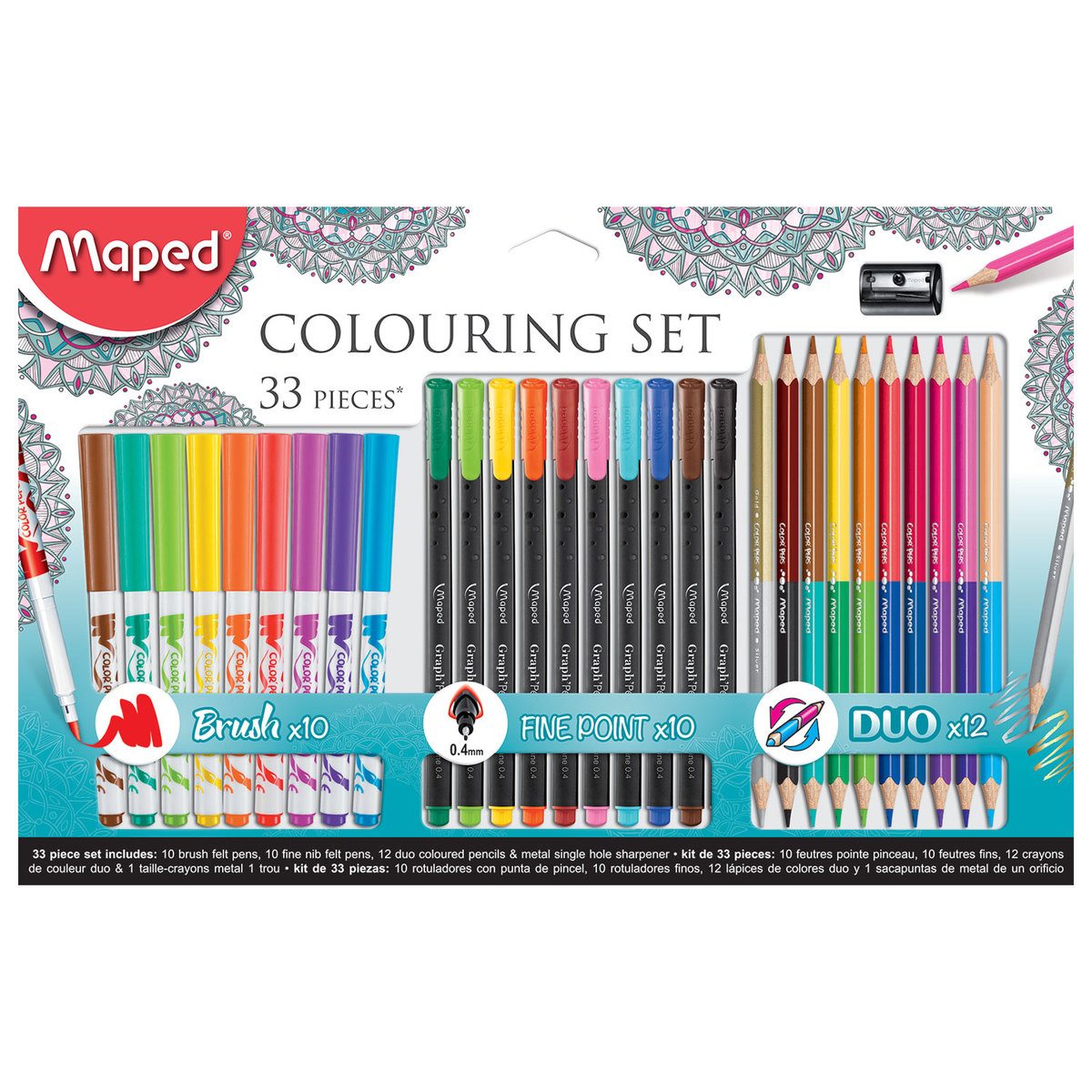 Набор для рисования Maped 10 фломастеров, 10 капиллярных ручек, 12 двусторонних цветных карандашей, точилка