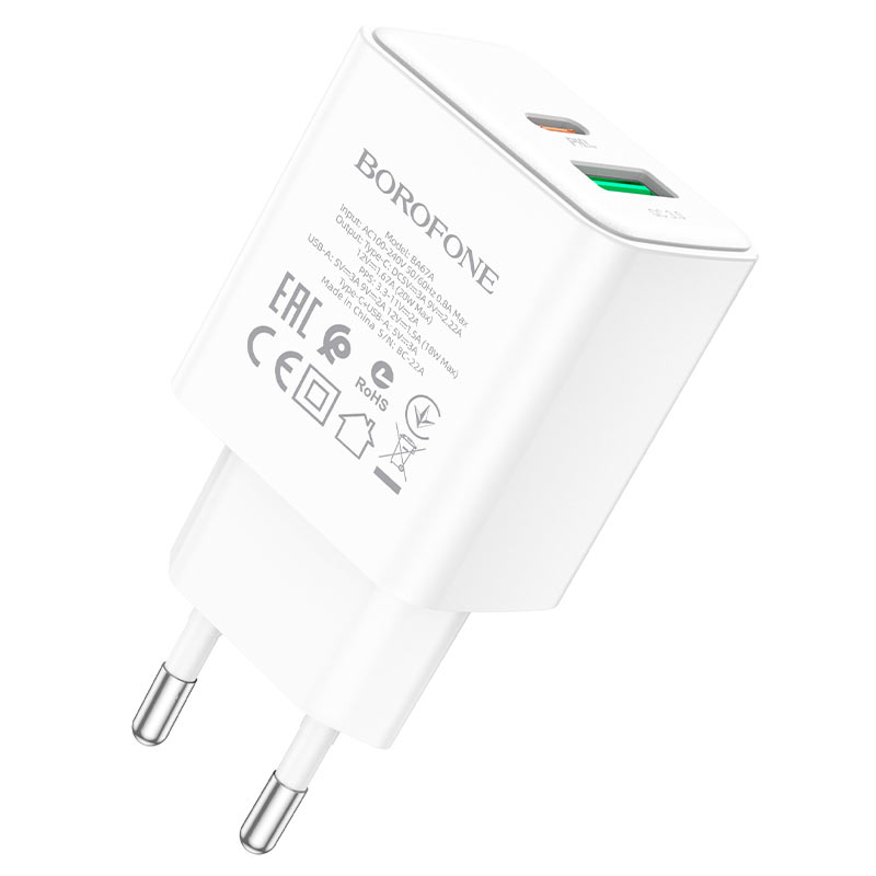 Зарядное устройство СЗУ Lightning на USB+PD 3.0A 20W BA67A Borofone белый
