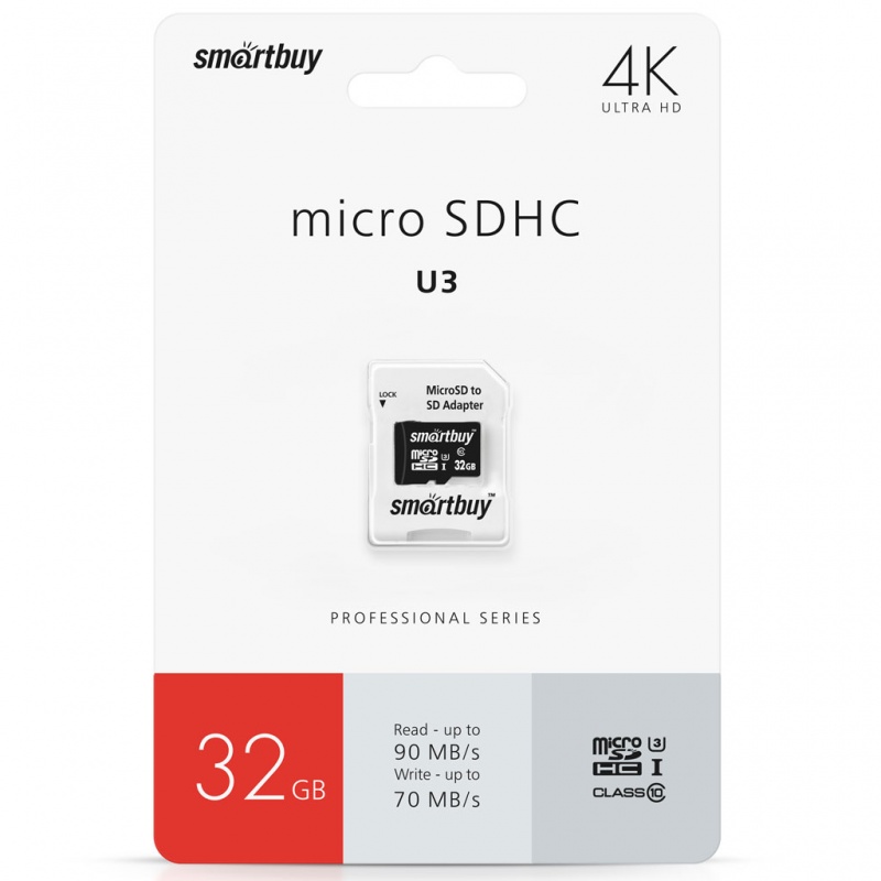 Карта памяти Micro SD 32GB SmartBuy Class 10 PRO PRO U3 R/W:90/70 MB/s